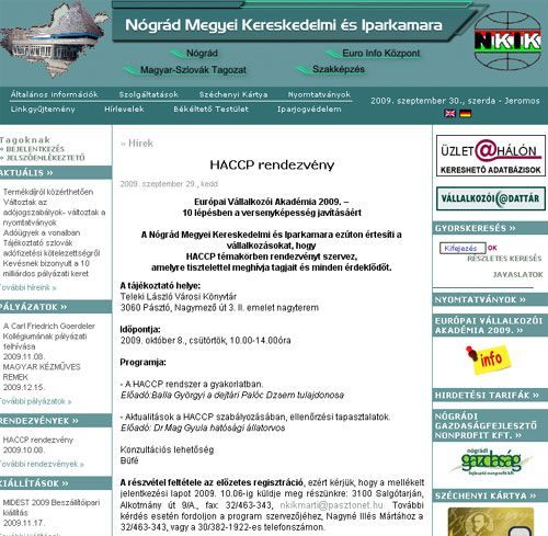 A felhívás a Nógrád Megyei Kereskedelmi és Iparkamara honlapján A Nógrád Megyei Kereskedelmi és Iparkamara HACCP témakörben rendezvényt szervez